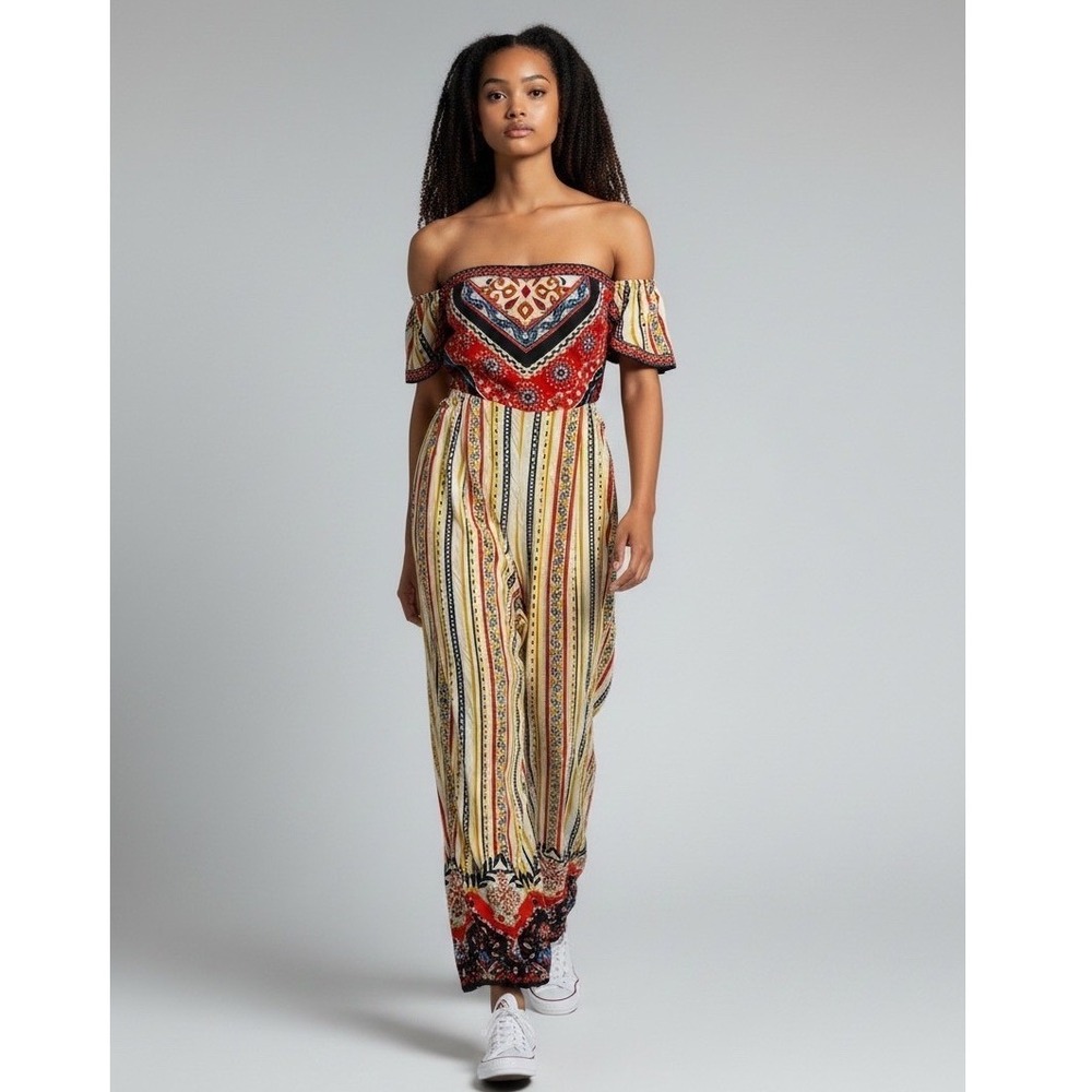 Flying Tomato Jumpsuit Women's Medium Multicolor Boho Festival Off Shoulder EUC